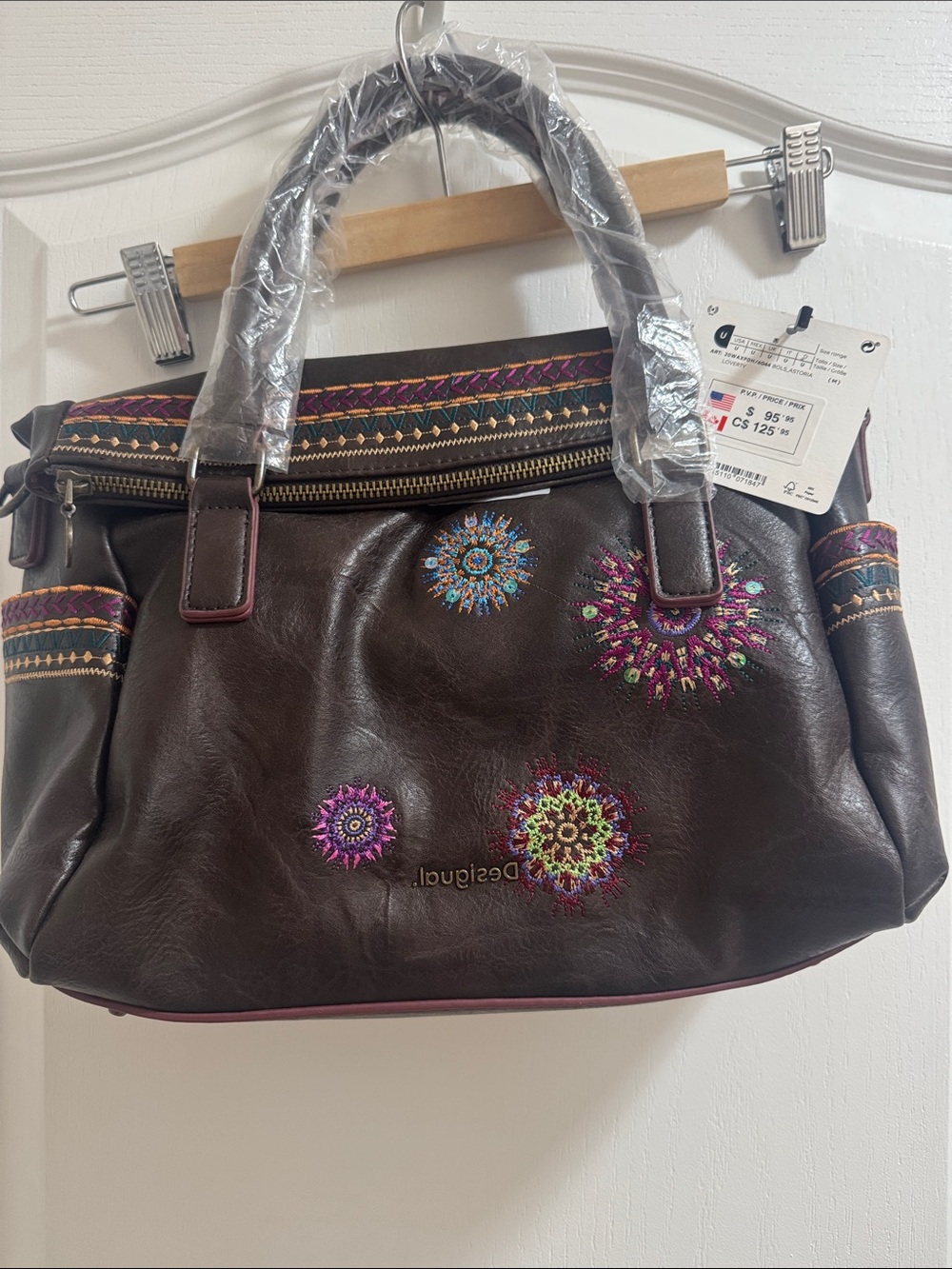 Desigual Brown Shoulder Bag with Multicolor Embroidery